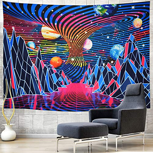 Amhokhui Trippy Mountain and Planet Tapisserie Hippie Tornado Wellen Tapisserie Retro Abstrakt Weltraum Landschaft Tapisserie Psychedelic Galaxy Stars Tapisserie Wandbehang für Zimmer