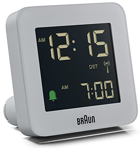 Braun Digital Radio Controlled Alarm Clock For Central European Time Zone (DCF) with Snooze, Negative LCD Display, Quick Set, Crescendo Beep Alarm in Grey, model BC09G-DCF.