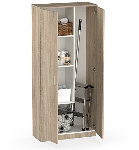 MUEBLES PITARCH | Armario Escobero Multiusos 2 Puertas para Limpieza, cocinas, galerias, 4 Huecos, un Estante Regulable, 180x80x35cm cm(Alto x Ancho x Fondo) Roble Cambrian, Colección Tibet