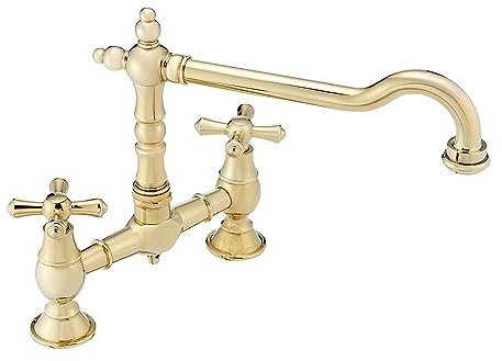 ENKI, Langley, KT114, English Gold, Traditional Bridge Kitchen Sink Mixer Tap for Basin, Brass Construction, with Twin Levers & Swivel Spout Perfect for Double Bowl Sinks, Compression Valves