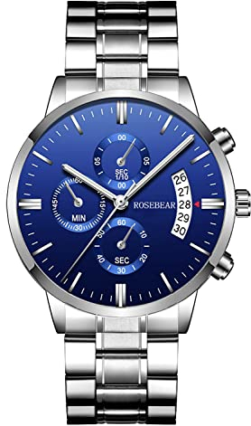 ROSEBEAR Vielseitige Quarz-Chronographenuhr für Herren - 3 Hilfszifferblätter, Datum, 30M WR für tägliches Tragen & Sport | Stilvolles Geburtstagsgeschenk mit Edelstahlband,Blaue Platte Silber Kette