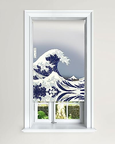 Lister Cartwright Hokusai Wave Blackout Roller Blind For Windows Child Safety Cut To Size Kitchen Bathroom Polyester Roller Blind (90 cm Width x 140 cm Drop)