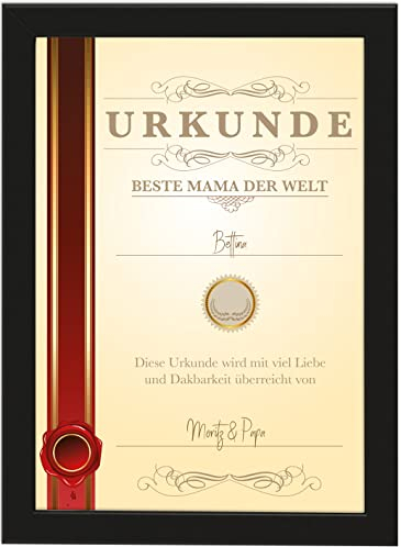 PICSonPAPER Personalisiertes Muttertagsgeschenk Poster DIN A4 Urkunde Beste Mama der Welt, gerahmt mit schwarzem Bilderrahmen, Muttertagsgeschenk, Muttertag, Personalisierbare Poster