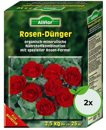 Allflor Rosen-Dünger 2 x 2,5 Kg in der Faltschachtel I Rosendünger mit organisch-mineralischer Nährstoffkombination und spezieller Rosen-Formel I NPK-Dünger 5+7+4 plus Magnesium