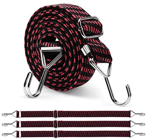 Newthinking 3M Adjustable Bungee Cords with Hooks, 4 Pack Red Heavy Duty Flat Bungee Cords Elastic Straps for Bicycles Camping Rent Luggage Fixing