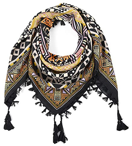Nuofengkudu Schals Damen Umschlagtuch Retro Floral Ethno Drucken Große Platz Nacken Wärmer Schal mit Quaste Schalcape Wraps 110 * 110CM X-Farbe 24