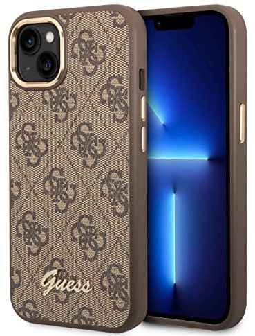 Guess Handyhülle für iPhone 14 Plus in Braun 4G Muster & Script Logo, Anti-Kratzer PC/TPU, Bequeme & langlebige Hartschale mit zugänglichen Anschlüssen & Stoßdämpfung