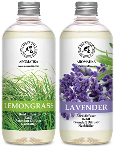 Raumduft Diffuser Nachfüller Lemongrass & Lavendel 1L - 2x500ml - Nachfüller Set für Duftdiffusor - Reed Diffuser Refill - Raumbeduftung - Zimmerduft - Diffuser Nachfüllen - Raumluft