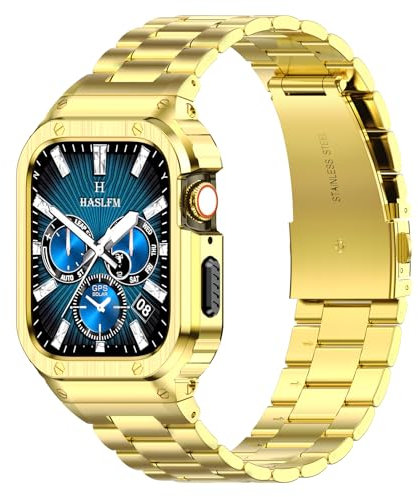 Amznew Correa de acero inoxidable para Apple Watch con funda compatible con Apple Watch 8/7/6/5/4/SE(41/40mm), correas de metal iWatch y funda protectora para hombre ，Oro