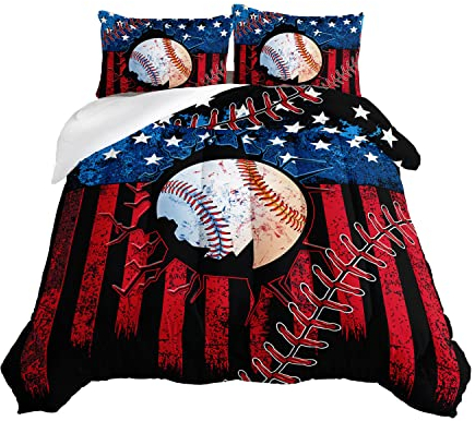 HOSIMA Baseball-Bettwäsche-Set, Sport-Bettwäsche-Set für Jungen, Kinder, Teenager, Schlafzimmer-Dekoration, amerikanische Flagge, Bettdecke und Baseball-Druck, Bettwäsche-Set mit 2 Kissenbezügen,