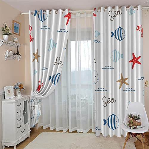 GOKSEL Vorhänge Blickdicht 2 Stück x 117 B x 138cm H Fisch&Seestern Verdunklungsgardine mit Ösen für Wohnzimmer Schlafzimmer Kinderzimmer, Wärmeschutz & Geräuschreduzierung für Zimmer