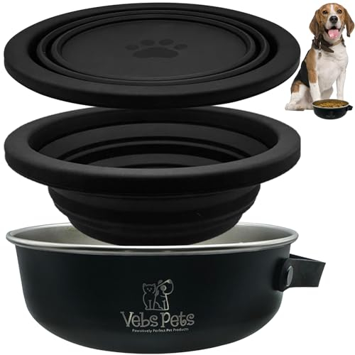 Vebs Pets Stainless Steel Dog Bowl 30 oz, W/Collapsible Lid 20 oz W/Handle, Leak Proof, Non Slip, Food & Water Pet Bowls for Cats & Medium Dogs, Portable Travel (Black)