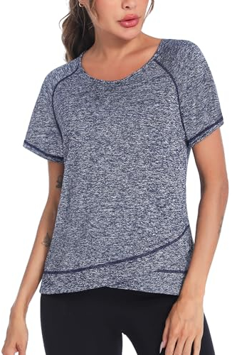 Terecey Fitness Shirt Damen Gym Sportshirt Kurzarm Leichtes Atmungsaktives Sport Shirts Damen Trainingsshirt Laufshirt für Wandern Trekking Blau