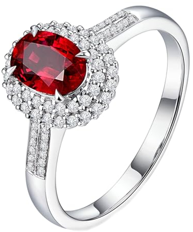 Partnerringe Verlobung, Ring mit Steinen Rundherum 18 Karat Weißgold Blume Lab Rubin 0.6CT Taubenblutrot Ovalschliff VVS mit Diamant Natur Weiß
