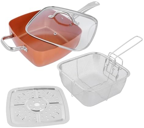 RevolutionLine - Sartén Cuadrada de Cobre con Revestimiento Cerámico Antiadherente | Acero Inoxidable, Multifuncional | Grosor: 2.5 mm | Dimensiones: 24x9x24 cm | Adecuado para todas las cocinas