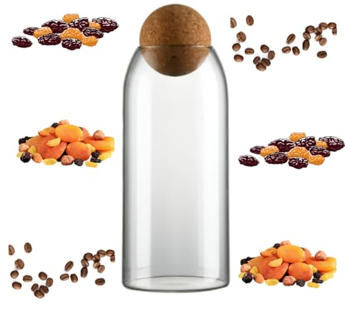Large 1200ML Elegant Glass Storage Container with Unique Ball Cork Lid | Airtight Food Canister for Freshness | Kitchen Organiser for Pantry | Ideal for Coffee, Snacks, Sugar | Decorative Cylinder