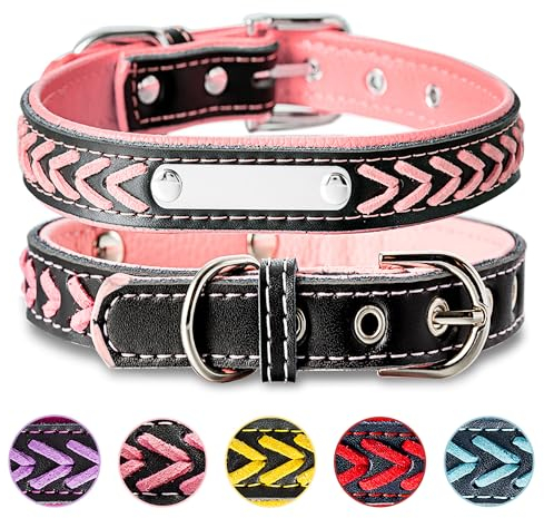 Geflochtenes Hundehalsband aus Leder Personalisierte Leder Hundehalsband mit Namen Gravur Rosa Halsband mit Namenschild für großen Hund Hundehalsbänder L