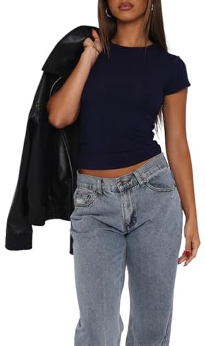 OOHOKAY Women's Basic Short Sleeve T-Shirt Round Neck Slim Fit Solid Color Tee Tops Summer Y2K Crop Top Casual Wear(Navy Blue-B,M)