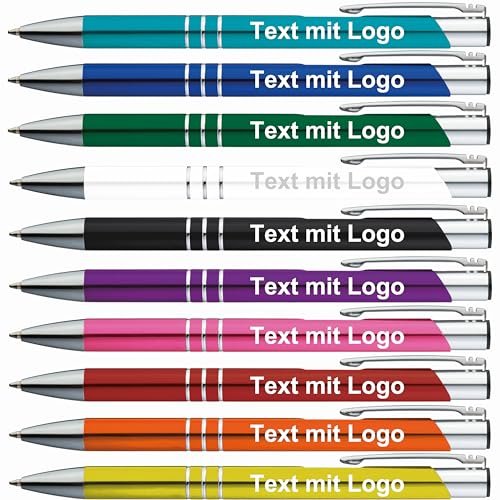 StillRich® hochwertiges Metall Kugelschreiber Set mit Gravur | 100 Stück | Farbe türkis | inkl. Logo & Textgravur | lustige Sprüche für das Büro, Hochzeit oder als Werbeartikel