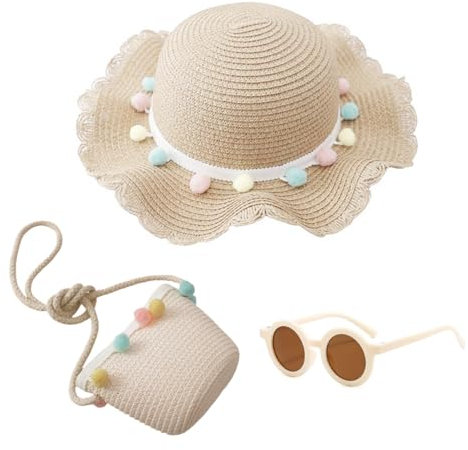 1 Piece of hat, 1 Piece of Small Bag, 1 Piece of Sunglasses, Children's Straw hat, Women's Sun hat Straw hat, Beach Summer hat Set, Children's Sun hat Beige