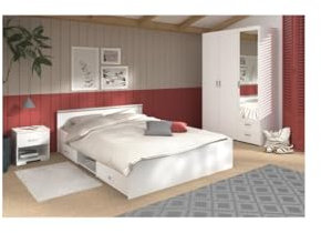 Komplettes Schlafzimmer für Erwachsene: 160 x 200 cm großes Bett + Kleiderschrank mit 3 Türen und 2 Schubladen + 2 Nachttische - Weißes Dekor - PARISOT