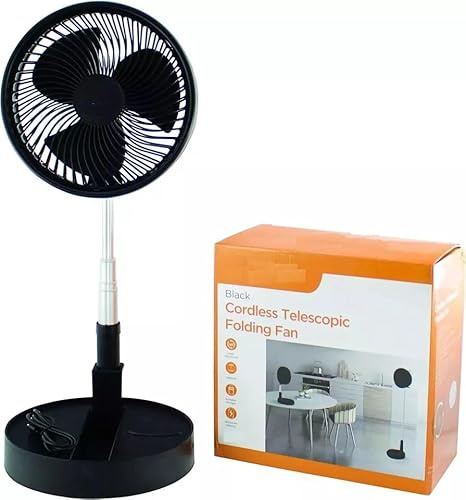 Quickdraw Black Cordless Telescopic Folding Fan 8 Adjustable Pedastal Air Cooling Extendable USB Charge Large Wireless Fan