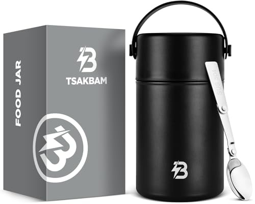 TSAKBAM Thermobehälter für Essen 1050ml, Edelstahl Thermobecher Essen mit Löffel und Henkel, Warmhaltebehälter, Suppen Thermobehälter Auslaufsicher, 8 h Heiß, 12 h Kalt, Spülmaschinenfest(Schwarz)