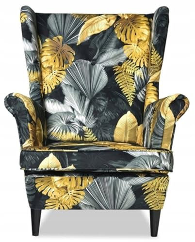 Kaiser Möbel Lounge Sessel - Klassische Ohrensessel mit Armlehnen, Retro Stuhl aus Stoff mit Holz Füßen, Polsterstuhl für Esszimmer & Wohnzimmer, Stoff Velour Dschungel Ari Print Duo