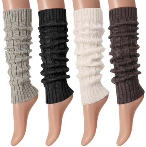Fingertip WD 4 Pairs Leg Warmers for Women, Winter Knee High Cable Knit Warm Long Boot Socks for 80s Accessories Party Yoga Dance