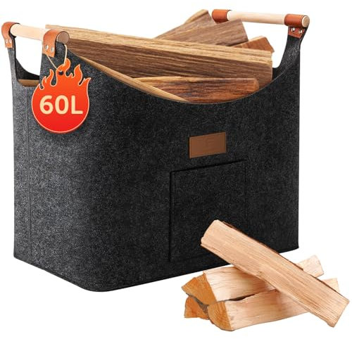 shinfly Holzkorb für Kaminholz 60L, Kaminholzkorb Brennholzkorb Groß für mehr Brennholz im Kamin, Faltbarer Feuerholzkorb aus Extradickem Filz für Einkauf, Holz, Spielzeug【Anthrazit】