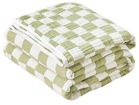 SANACYNA Manta de Muselina 100% algodón, Manta de Cama de Rejilla Verde, 6 Capas, Ligera, Suave, Transpirable, para sofá, Cama, sofá en Ambos Lados (Tablero de ajedrez Verde, Manta de 50 x 60