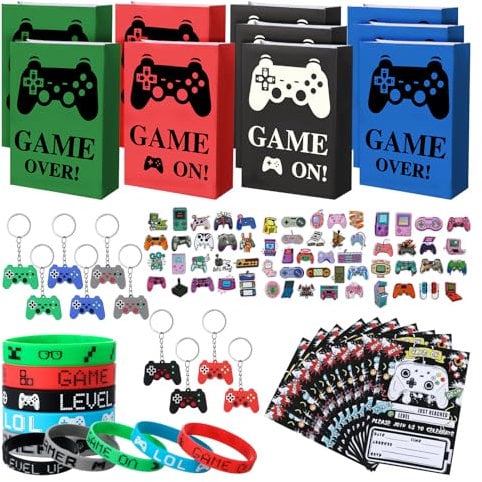 Video Game Party Bag Fillers,100PCS Gaming Party Favours with Gift Bags,Silicone Bracelet,Keychain and Video Game Stickers,Video Game Birthday Party Supplies for Kids Boys Adult Gamer