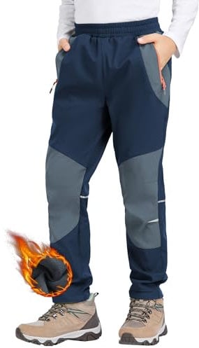 Zoofly Kinder Softshellhose Schneehose Warm Outdoorhose Wanderhose Kinder Skihose Thermohose Jungen Mädchen Gefüttert Trekkinghose Outdoor Hose, Dunkelblau/Grau 152-158