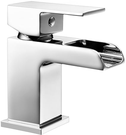 Balterley Bathroom Sink Taps, Mono Basin Mixer Tap with Push Button Waste, Single Lever Temperature Control Bathroom Tap, Square Body, Scooped Waterfall Spout Taps - 54 x 132 x 138mm (Chrome)