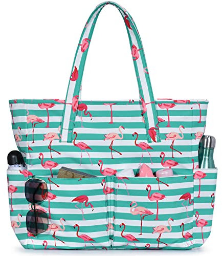 oscaurt Grand sac de plage pour femme avec 8 poches, imperméable, résistant au sable, fourre-tout de plage, vacances, voyage, shopping, sac à main pour piscine, salle de sport, Flamants roses,