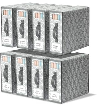 LAMU 8 Pack Bed Sheet Organiser and Storage, Bedding Storage for Linen Closet, Foldable Sheet Set Organiser with Clear Window and Label (Queen & King Size), Bedding Storage Box