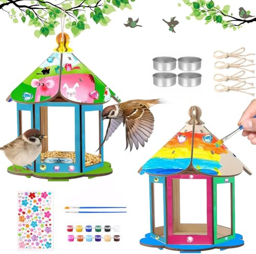 YUFFQOPC 4 Pack DIY Bird House Craft Kits for Kids, Arts and Crafts for Kid to Build and Paint Bird Boxes for Gardens, Kids Gardening Set Garden Activities for Kid