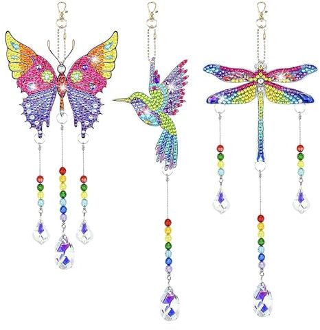 3 Stück DIY Diamond Painting Windspiel Kinder, Sonnenfänger Kristall Basteln Frühling Deko, Diamond Painting Bastelset Geschenk, Glänzend Schlüsselanhänger für Frühling Fenster Garten Dekoration (A)
