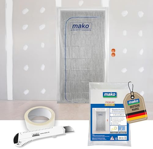 3x Mako Vlies-Staubschutztür 1,10 m x 2,40 m mit 7 m Klebeband | Polypropylen-Vlies, Reißverschluss, zuschneidbar - inklusive 7 m doppelseitiges Klebeband und 2 Cuttermesser