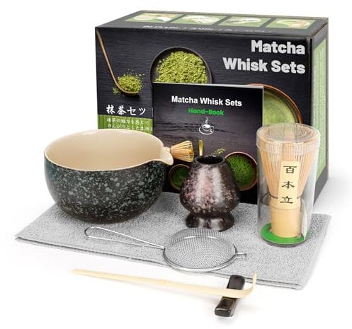 GUIGA 7 Pcs Matcha Tea Set with Bamboo Whisk, Ceramic Bowl, Scoop,Holder,Matcha Whisk Set and Ceramic Bowl, Matcha Tea Set for Making Breakfast/Latte