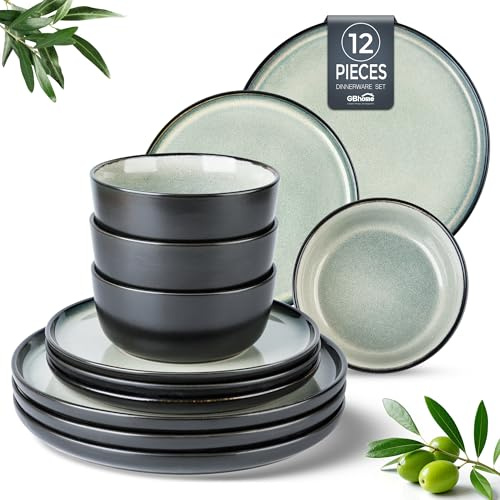 GBHOME Stoneware Dinnerware Set of 4,Round Reactive Glaze Plates and Bowls Set,Highly Chip and Crack Resistant Dishwasher&Microwave Safe Dishes Set, Matte Black Reactive Glaze Mix (Service for 4.12pc)