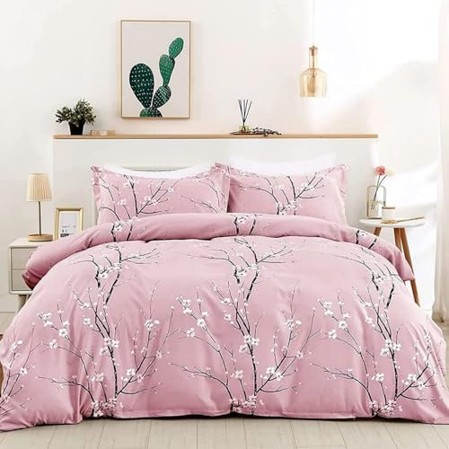 Freyamy Housse de Couette Fleurie 240x260+2 Taie d'oreiller 65x65cm Rose Floral Imprimé Parure de lit 2 Personnes Adulte Fleurs Sets de Housse Couette en 100% Microfibre avec Fermeture Éclair