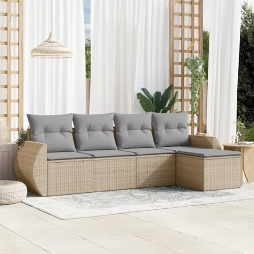IKAYAA 5-TLG Rattan Ecklounge Set, Gartenlounge Set, Balkonlounge, Gartenmöbel Set, wetterfest, PE-Rattan, pulverbeschichteter Stahl, mit Kissen, Beige und Grau, Type-26