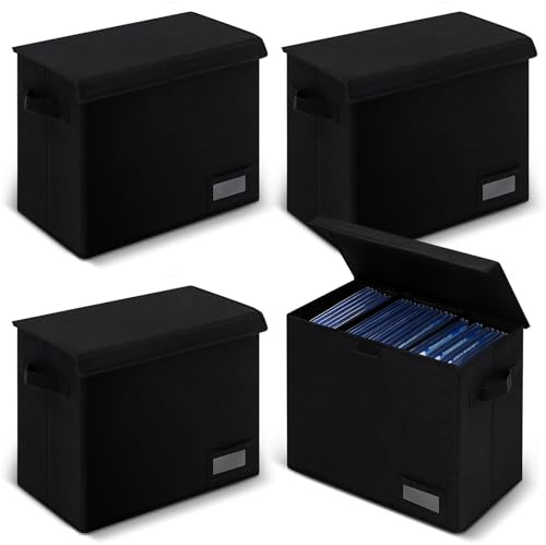 Yearntown Comicbuch-Aufbewahrungsbox, abgestuft, 39,5 x 24,1 x 34,9 cm, faltbar, für 112 Comic-Bücher, Organizer mit Deckel, Labe 3 herausnehmbare Box-Trennwände, Schwarz, 4 Stück