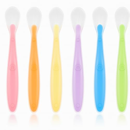 KIRZAX Cuillere Bebe Silicone, Lot de 6 Cuillère à soupe avec embouts en silicone souple,Ensemble de Couverts,Sans BPA,pour Encourager Votre Bébé à Manger de Manière Indépendante,6 mois