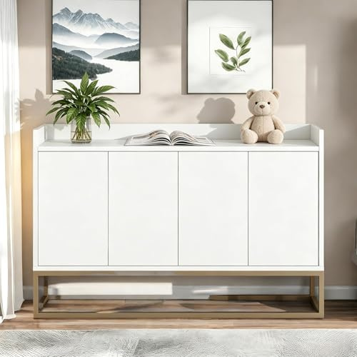 Commode de Buffet Moderne avec 4 Portes, 120 cm de Large, Meuble de Rangement avec Pieds en Métal, Meuble de Cuisine avec Étagères Réglables, Pour Salle à Manger, Salon, Blanc (Blanc, 120 x 30 x 80)