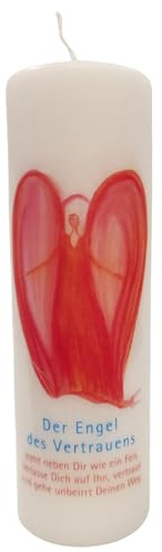Kerze mit Spruch und Engel des Vertrauens Segensspruch für Rituale, Licht für Rauhnächte, spirituelles Geschenk für Frauen, Mama, Freundin 6 x 18 cm rot weiße Wachskerze