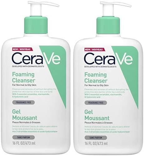 Cerave Lot de 2 nettoyants moussants – Avec acide hyaluronique, niacinamide et 3 céramides essentielles – Nettoyant quotidien pour le visage pour peaux normales à grasses 473 ml x 2