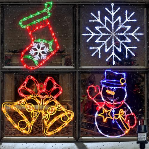 TRWYMZ 4 Stück Bunte LED Weihnachts-Fensterbeleuchtung mit EU-Stecker | LED Weihnachtsfiguren (Schneeflocke, Schneemann, Glocke, Weihnachtsstrumpf) für Innen & Außen, Wand, Tür & Fenster
