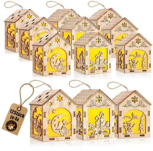 com-four® 12x LED-Dekohänger Holzhaus, dekorative Holzhäuschen | warmweiße LED-Lampen - dekorative LED-Christbaumanhänger - Holz-Hängedeko